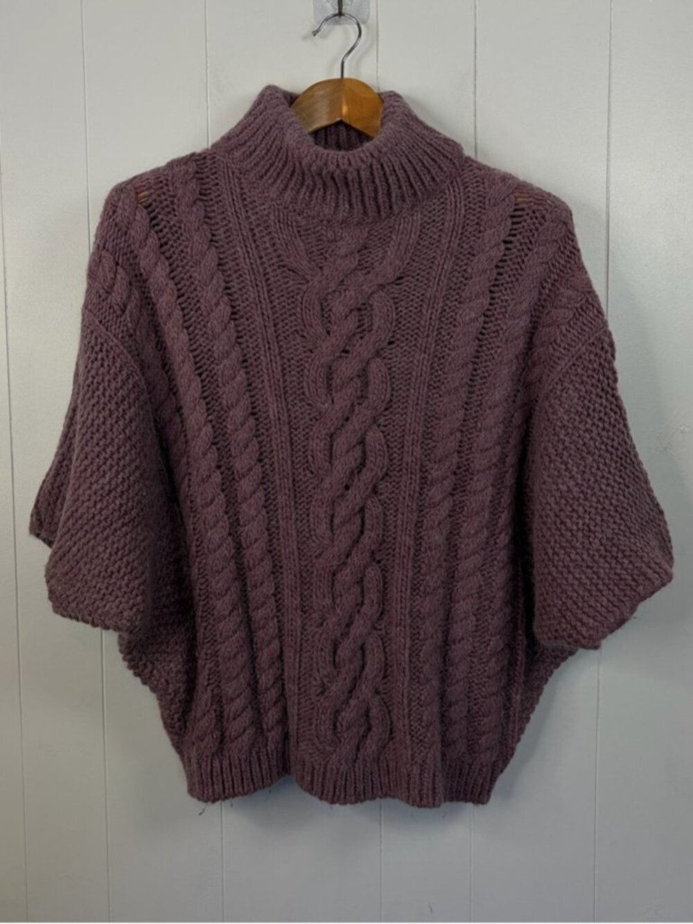 Elsamanda Italian Alpaca Wool Cable Knit Poncho Sweater Mock Neck Purple Medium